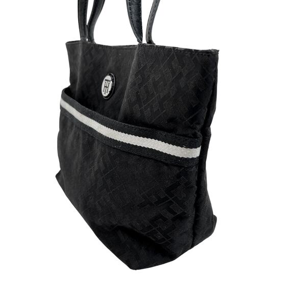 Tommy Hilfiger Tote Black Fabric Bag Allover Monogram Pockets Preppy Shopper - Picture 6 of 15